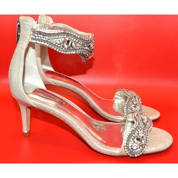 Antonio Melani Women’s Sandals 6M Silver Glitter Jeweled Ankle Strap Heels 2.5” - Picture 2 of 12